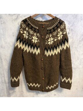Vintage Handmade By Mother Wool Cardigan Sweater Womens Large L Brown Nordic
